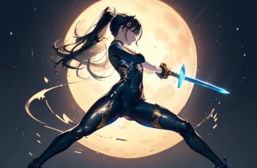 (((Girl fighting with one-handed sword))), fighting pose, Uplifting, (highest quality), (masterpiece) perfect style, ((A beautiful body that is partly mechanical)), (((Thin see-through bodysuit, Golden pattern))), full body, looking at the camera, long flowing black hair, ponytail, Long black hair dancing in the wind, beautiful detailed eyes, pale hue, Precise as a photo, A full moon in a starry sky, pale hue, monochrome, nsfw