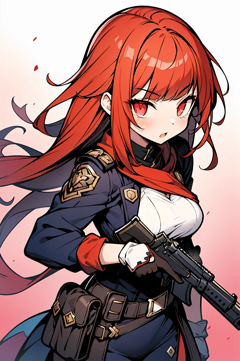 ((1 girl)), (Detailed and clear face) ,cool woman,Rough poses, hold a gun,uniform, Huge firearms, new, battlefield ,((Super detailed,highest quality, High resolution, 8k wallpaper, beautiful clothes,)),((Black and red gradient hair, long bangs, shortcut,straight hair)), blown by the wind, eye shadow, eyeliner,Glow Eye, 反射光の美new目, ((glowing red eyes)), 18 year old girl,