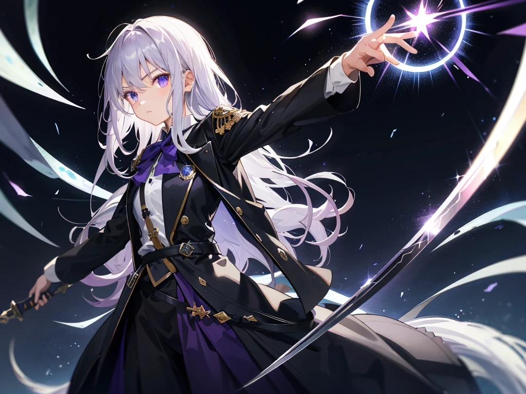 Wearing Darkness,1 girl,gray hair,long hair,Purple left eye,blue right eye,Holding a sword in his hand,Sword of Darkness,Sword of Light,Countless Swords of Light,aura of darkness,Black darkness,Golden Darkness,black long coat,white shirt,black tie,long pants, girl,1 person,Crystal-like background,Countless magic circles,Hold the magic circle in front of you