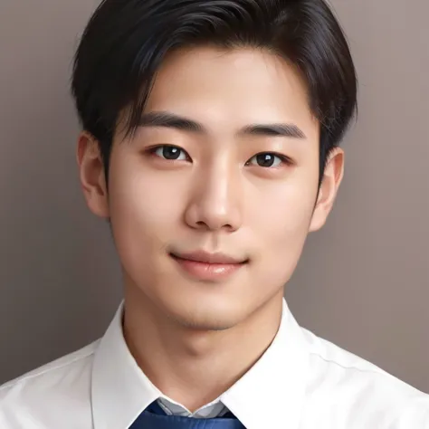 young japanese man wearing white shirt and dark blue tie smiling.the corners of the mouth are elongated and slightly raised.teet...