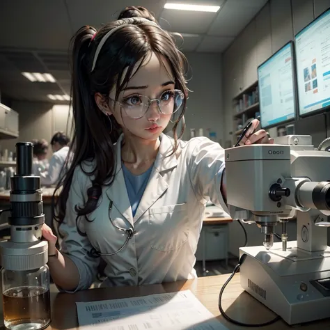 arafed woman in white lab coat looking through microscope, scientist, wearing lab coat and glasses, retrato de uma patologista, ...