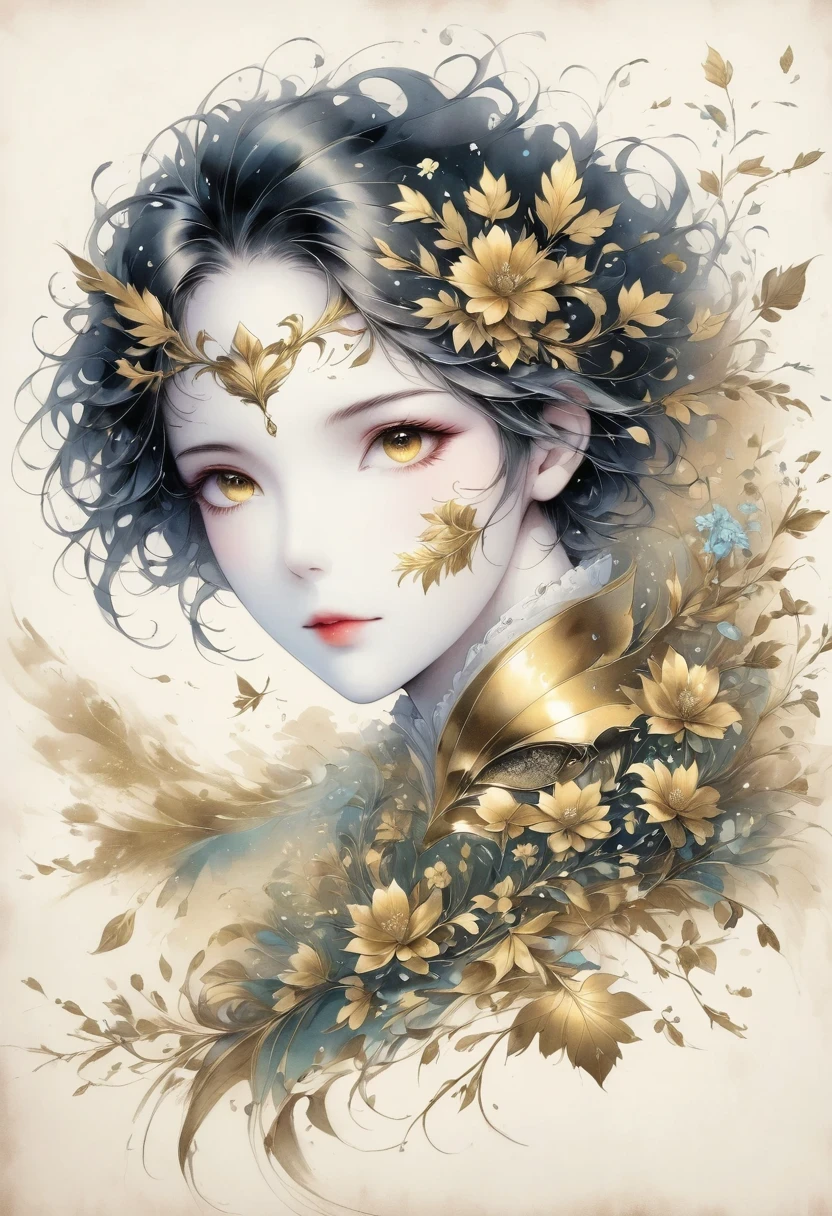 (gold leaf art:1.5)，(Metallic luster:1.45)，Minimalism，(line art:1.6)，sketch，Charcoal drawing，Gold Foil Mask，flower,Illustration in surreal art style，surreal dream，Dubrec style,(multiple exposure：1.8),Dreams of happiness，