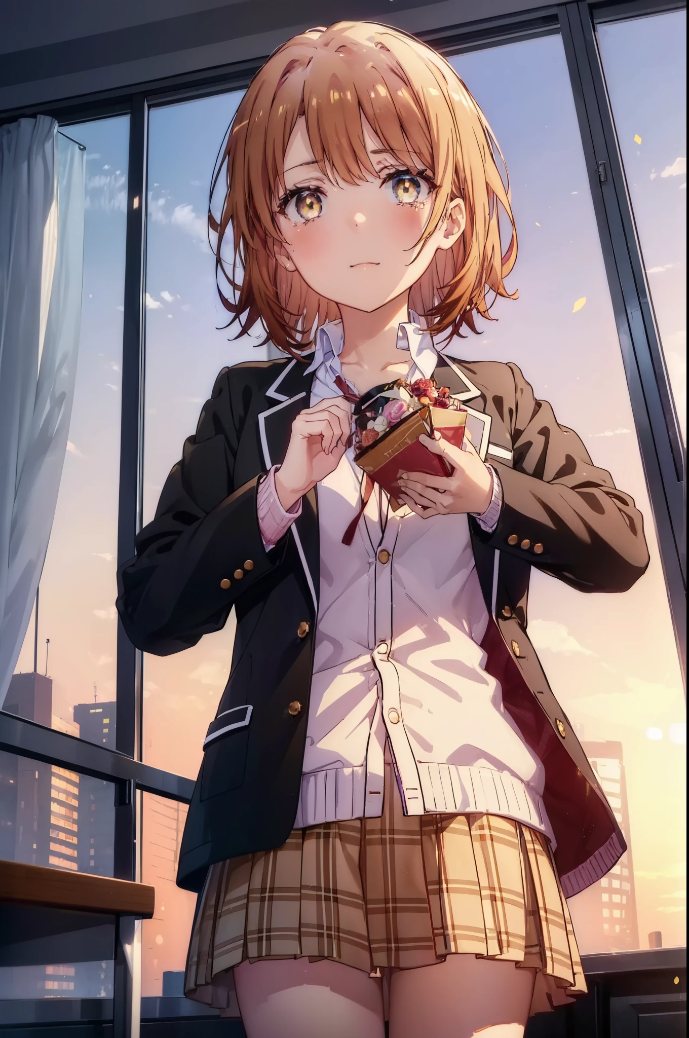 irohaisshiki, Isshiki Iroha, short hair, brown hair, (Brown ruby eyes:1.5), smile,blush,Tears running down her face,Tears of joy、I cry a lot、break skirt, shirt, ribbon, , Jacket, white shirt, open clothes, socks, open Jacket, black Jacket, plaid, knee high, plaid skirt, blazer, cardigan, black socks, pink cardigan,Holding a large bouquet in both hands ,birthday,A birthday cake is on the table,confetti,evening,sunset,The sun is setting,
break indoors,School　classroom ,
break looking at viewer,Upper body,(cowboy shot:1. 3)
break (masterpiece:1.2), highest quality, High resolution, unity 8k wallpaper, (shape:0.8), (beautiful and detailed eyes:1.6), highly detailed face, perfect lighting, Very detailed CG, (perfect hands, perfect anatomy),