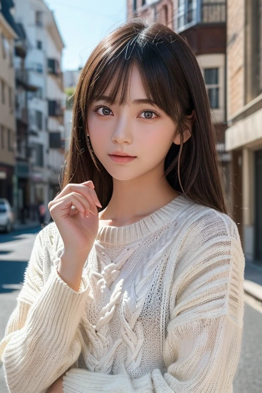 one girl, (a beauty girl, delicate girl:1.3), (15 years old, change:1.3),
break, (Long knit sweater, one piece:1.3),
break, very fine resolution, (symmetrical eyes:1.3),
break, (street snap:1.3), (index finger in front of you, wink, close one eye:1.3), perfectly trimmed fingers,
break, small breasts, brown eyes, parted bangs, brown hair,  girl,
break, (Eye and face details:1.0),
break, (masterpiece, highest quality, super detailed, detailed face, 8K)、perfect anatomy