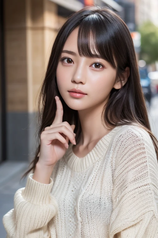 one girl, (a beauty girl, delicate girl:1.3), (15 years old, change:1.3),
break, (Long knit sweater, one piece:1.3),
break, very fine resolution, (symmetrical eyes:1.3),
break, (street snap:1.3), (index finger in front of you, wink, close one eye:1.3), perfectly trimmed fingers,
break, small breasts, brown eyes, parted bangs, brown hair,  girl,
break, (Eye and face details:1.0),
break, (masterpiece, highest quality, super detailed, detailed face, 8K)、perfect anatomy