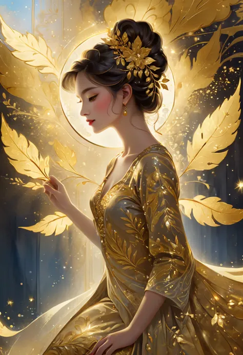 1girl, Gold Leaf Art, goldcarvingcd_xl, jinsixiangyun, traditional, golden, Gold Foil Art, gold leaf,gilded details,shimmering s...
