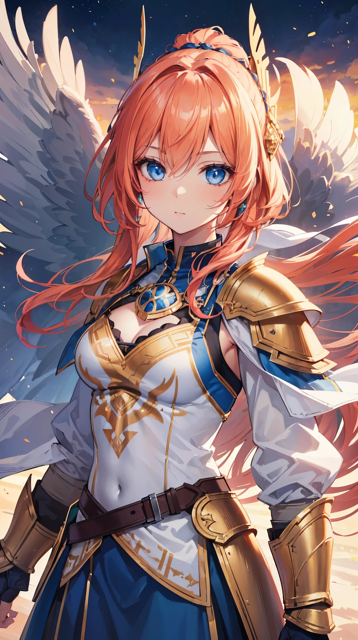 8k, best quality, (lifelike:1.4), original photo, 1 girl, Freyja hair, falcon companion, adorned in Norse armor, posture: leading Valkyries to battle, fierce blue eyes ablaze with valor