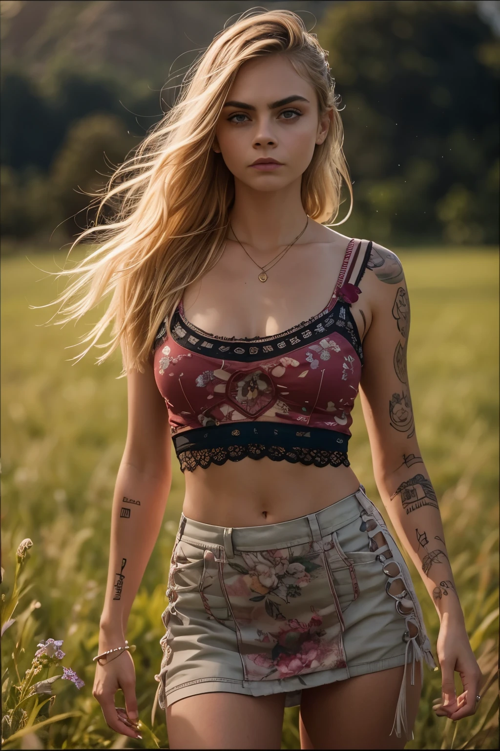 (Cara Delevingne), Masterpiece, half body shot, a pretty American 22 years old woman is standing on a green meadow, behind her is a beautiful countryside landscape, she is wearing a tight short skirt, very small round breasts peek out from under the short tank top. A tattoo pulls up the neck over the left shoulder. The summer day and the hot sun make her sweat, even if dusk is already setting in. She smiles seductively into the camera. Her eyes sparkle with anticipation, 16K, ultra high res.photorealistic, UHD, RAW, DSLR, intricate details, Raytracing, Cinema Lighting, Sharp Focus, Detailed Face, Detailed eyes