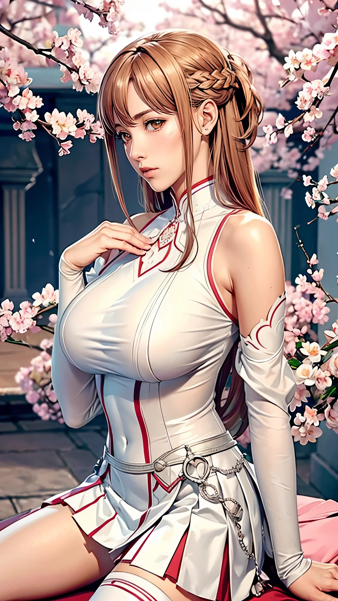 （（（Perfect figure，figure，bare shoulders, armor, breastplate, white sleeves, detached sleeves, red skirt, pleated skirt,white thighhighs, （（（aaasuna, long hair, brown hair, braid, brown eyes, ）））((masterpiece)),high resolution, ((Best quality at best))，masterpiece，quality，Best quality，（（（ Exquisite facial features，looking at the audience,There is light in the eyes，(Blushing and shyness)，））），型figure:1.7））），（（（Interlacing of light and shadow，huge boobs））），（（（looking into camera，Cherry Blossom Background，flowers，pink background，Cherry Blossoms)）））