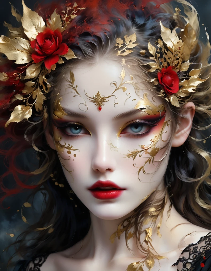 gold leaf art，mask，goth girl，Amazing eye details, Blood-red lips, flowing long hair, pale skin,