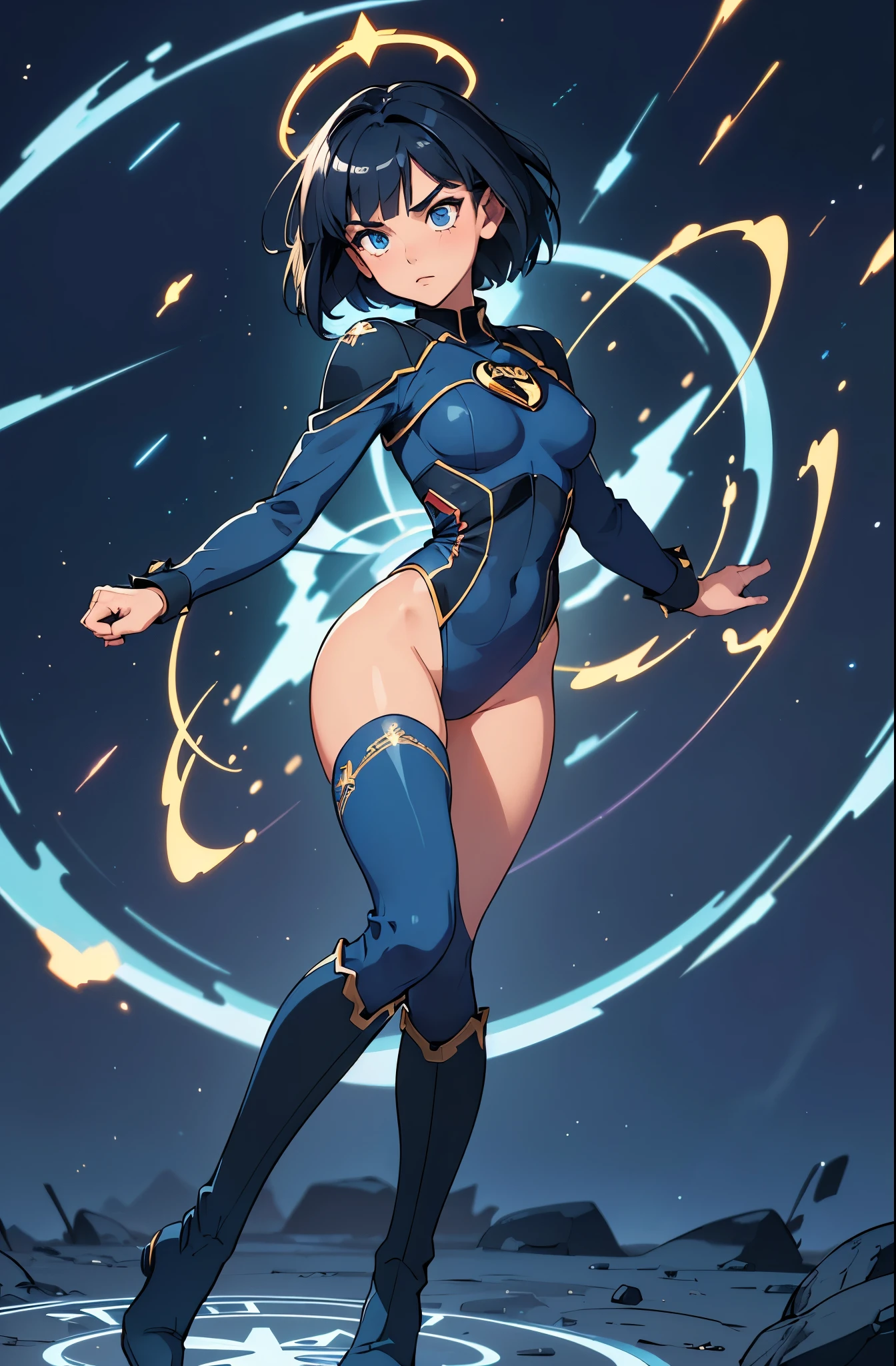 masterpiece, best quality, 1girl, superhero, ((leotard, dark blue leotard)), long sleeves, bare legs, boots, dark blue boots, matching boots, medium breasts, diffraction spikes, light particles, standing, standing straight, dark blue hair, ((short hair, bob hair)), blue eyes, beautiful detailed eyes, beautiful detailed face, cute face, perfect hands, complete fingers, perfect anatomy, perfect proportions, heroic, ((star symbol on the chest)), serious, full body with costume, full body, cowboy shot, ((raised arms, she spins at an incredible speed, creating a whirlwind of air around her, cyclone spinning, spiral lines, spinning energy pulse))