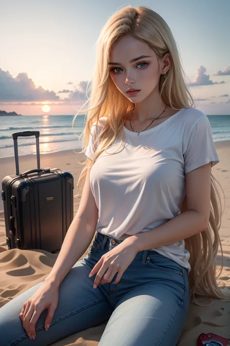 Sunset, deserted ocean shore. An incredibly beautiful golden-haired long-haired femme fatale blonde with blue eyes is sitting on...