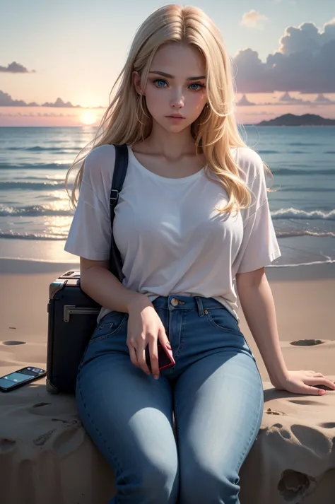 Sunset, deserted ocean shore. An incredibly beautiful golden-haired long-haired femme fatale blonde with blue eyes is sitting on...