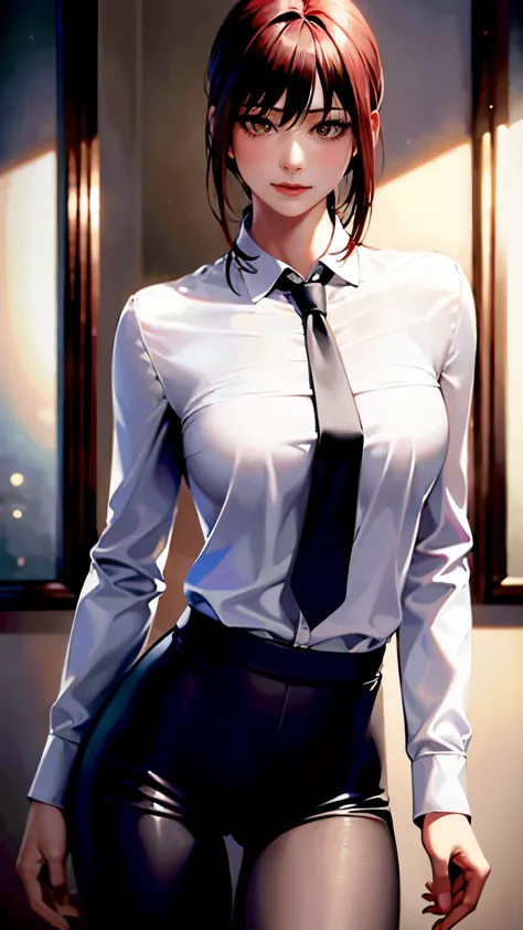 detailed shiny skin, (realistic, photo-realistic:1.4), pretty girl, are standing, looking out the window, white shirt, collared ...