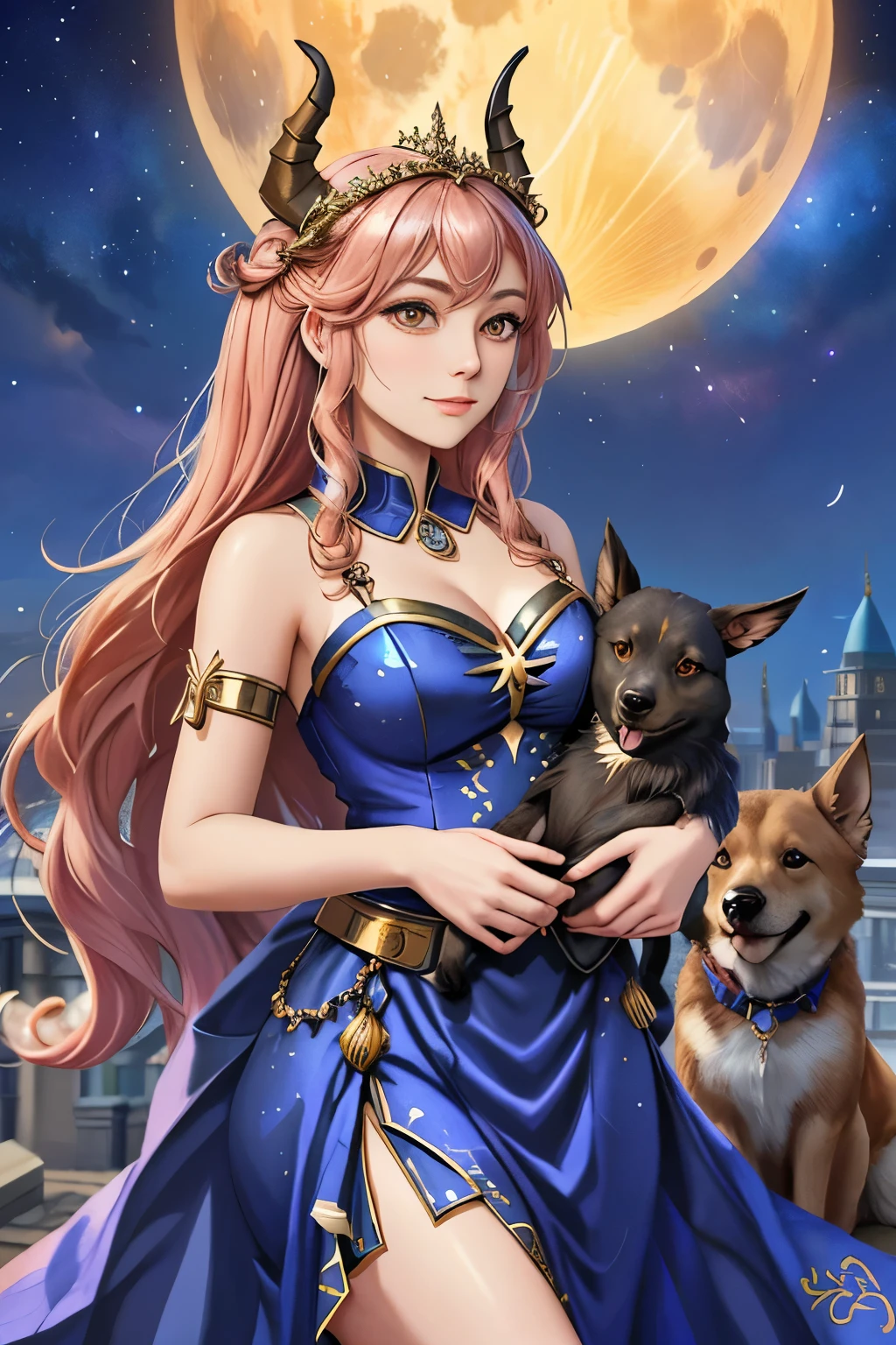 a woman with horns and a dress holding two dogs, airmax12,  jen bartel, by Andrée Ruellan, by Caroline Chariot-Dayez, by Max Buri, goddess art, cosmic goddess, ancient goddess, celestial goddess, hecate goddess, moon goddess, by Petros Afshar, by Kyle Lambert, art contest winner on behance, mystical anubis valkyrie