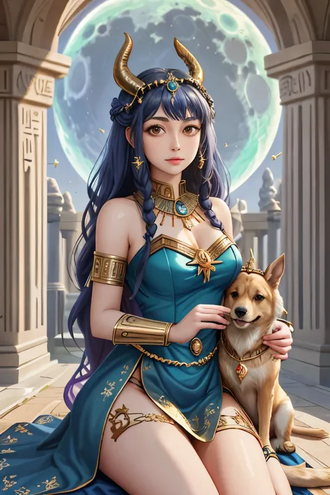 a woman with horns and a dress holding two dogs, airmax12, egyptian art by Andrée Ruellan, trending on cgsociety, fantasy art, j...