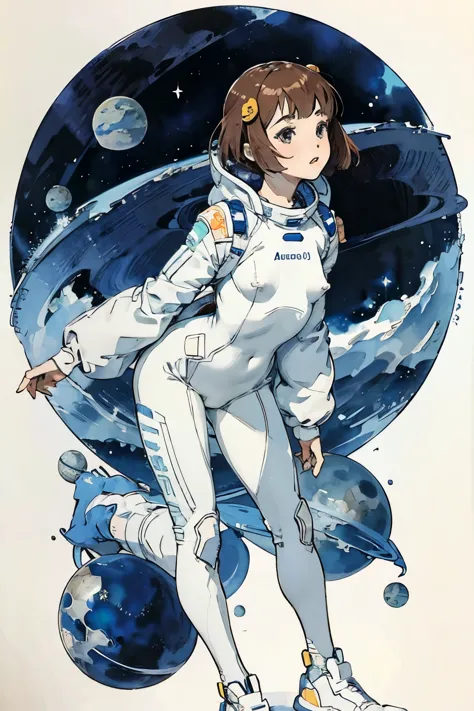 outer space、Girl repairing a spaceship、rubber suit、Space suit like a full body tights、watercolor style、pale colour、hand drawn st...