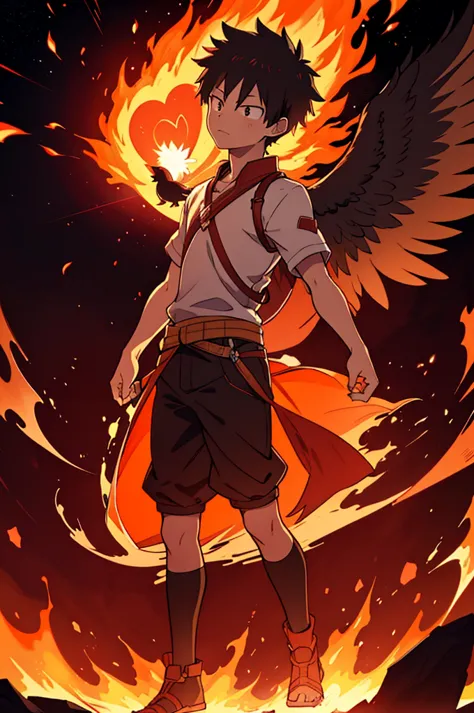 silhouette of katsuki bakugou standing against the light, red stars and orange flames in th background, a heart-shaped flame, bl...