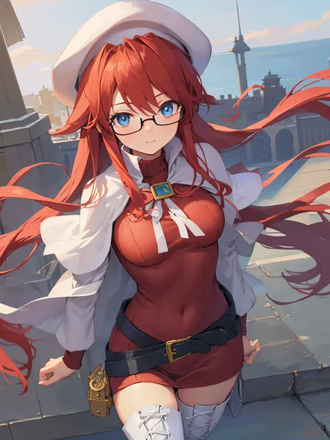 summonnightaty, aty, long hair, blue eyes, red hair, beret, hat, glasses,
break long hair, thighhighs, hat, dress, boots, glasse...