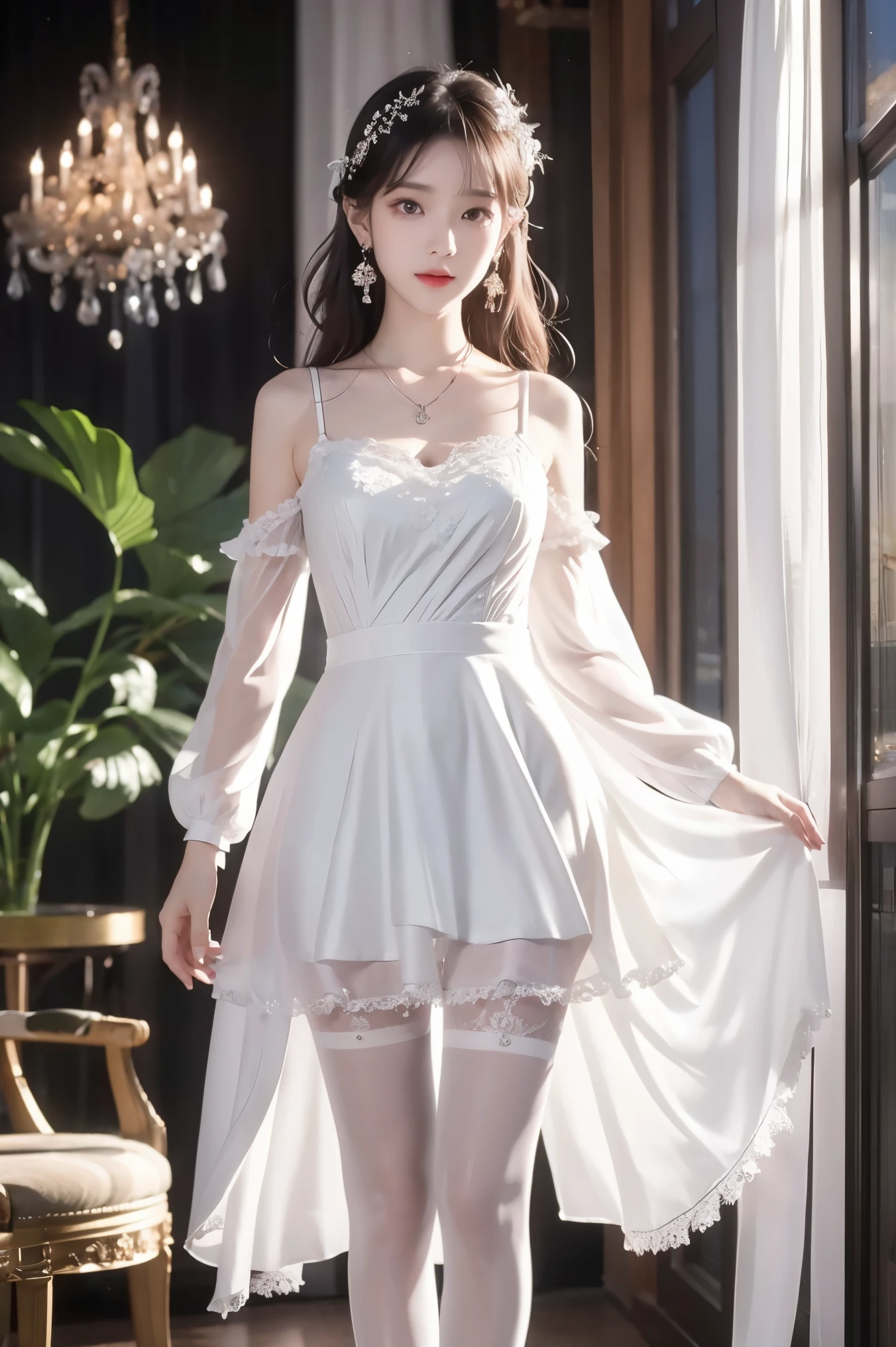 Realism: 1.3, masterpiece, highest quality, high resolution, details: 1.2, 1 girl, hair clip, beautiful face, delicate eyes, tassel earrings, necklace, ribbon, elegant standing posture, aesthetics, movie lighting, ray tracing, depth of field, layering, fluttering, lace whole body, one foot white pantyhose, one foot black pantyhose