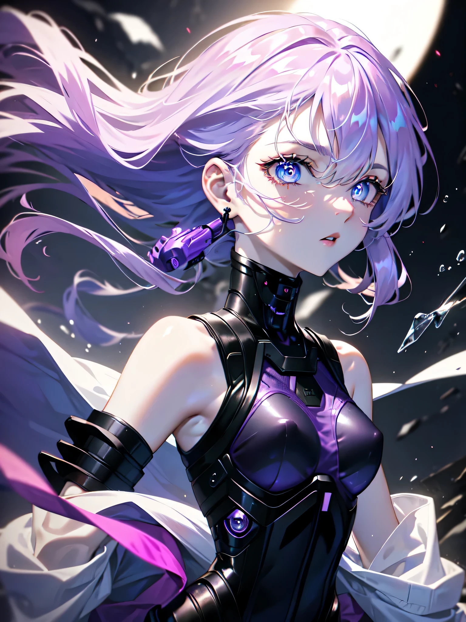 purple hair，profile，Female person，headphoneike stand、Purple suit set、black shirt、cutter shirt、Blue pubic hair in the eye,(masterpiece eyes:1.5), (Sleeveless Exoskeleton Bodysuit:1.3)