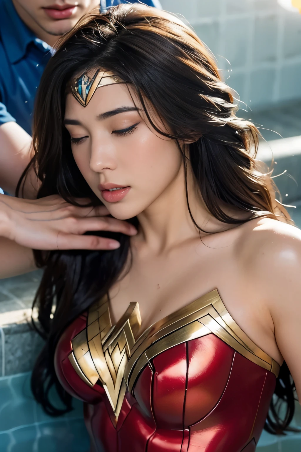in water,perfect wonder woman costume,whole body,Having your head held down under water,Being submerged in a pool,Drowning in the pool,Face submerged in water,in waterに潜る,Submerge your face in water,In the pool,Inside the fountain,Soaked in water,Soaking wet wonder woman,sleeping face,Close ~ eyes,open your mouth,tired face,face of suffering,sleeping face,Soaking wet hair,Soaked Hair,wet body,fight the men,surrounded by men,,caught between men,Being licked by men,Intertwining with men, Attacked by men,assaulted by men,Being bullied by guys,being sexually abused by a man,Captured by a man,Being detained by a man、touch your face,、Hair is pulled hard,My head is grabbed,Grab my head,brown hair,  masterpiece、beautiful girl、fine 目、puffy eyes、highest quality, 超High resolution, (reality: 1.4), movie lighting,super beautiful、beautiful skin、(超reality的な)、(High resolution)、(8K)、(very detailed)、(beautiful and fine 目)、(Super detailed)、 detailed face、slanted bangeshi hair、brown hair、20-year-old、Wonder Woman Cosplay