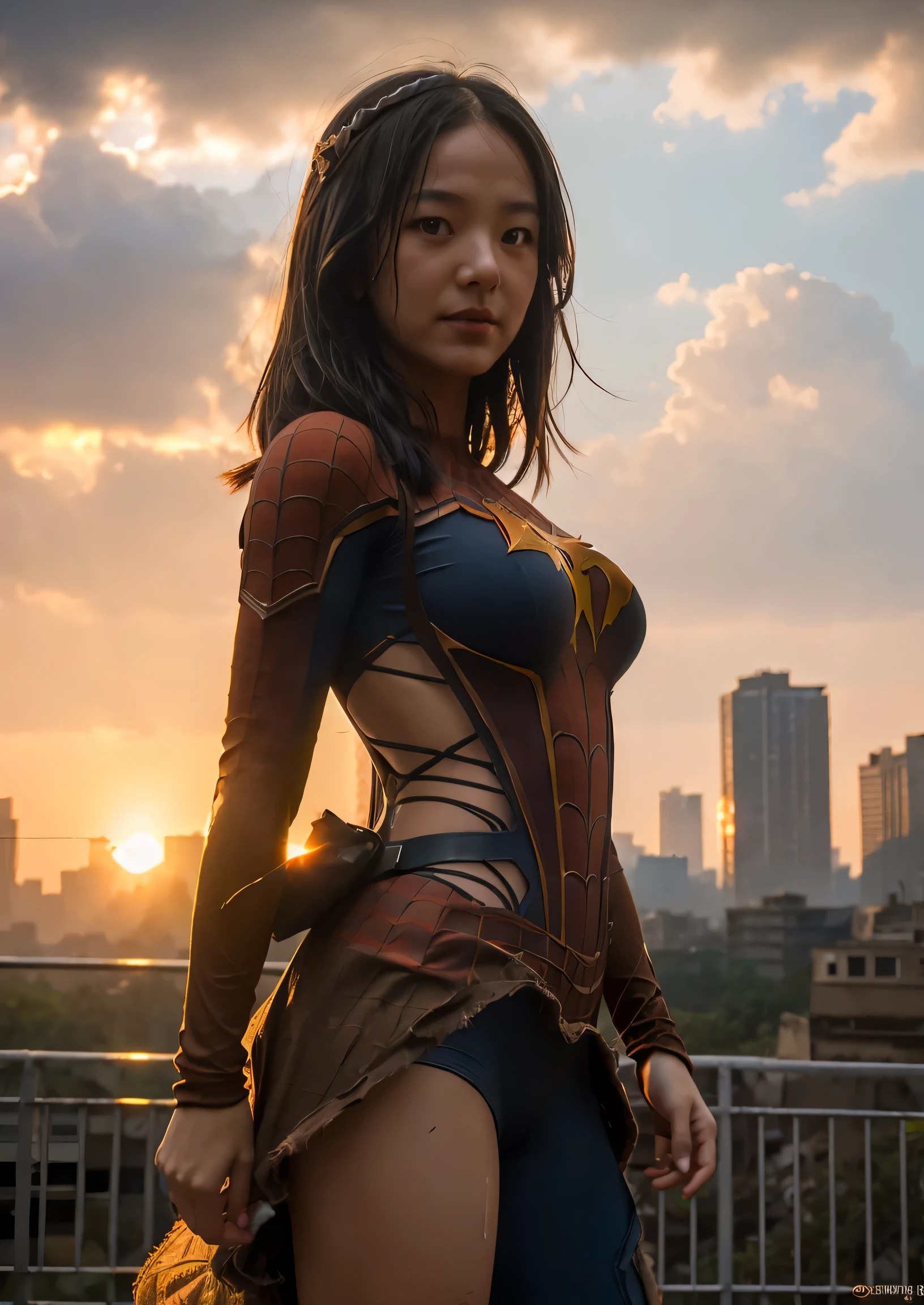 1fille en costume détaillé de Spider-Man marron, Gros seins, pose de super-héros, debout dans une ville en ruine au coucher du soleil, hyperdétaillé, Fumée, des étincelles, rayons de soleil, (8k), réaliste, symétrique, primé, Foudre cinématographique, trempé, film, 75mm, rayures, photo de tout le corps, fermer, vêtements déchirés et sales, visage détaillé,