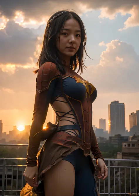 1girle in detailed brown Spider-Man costume, large breasts, superhero pose, standing in ruined city at sunset, hyperdetailed, sm...