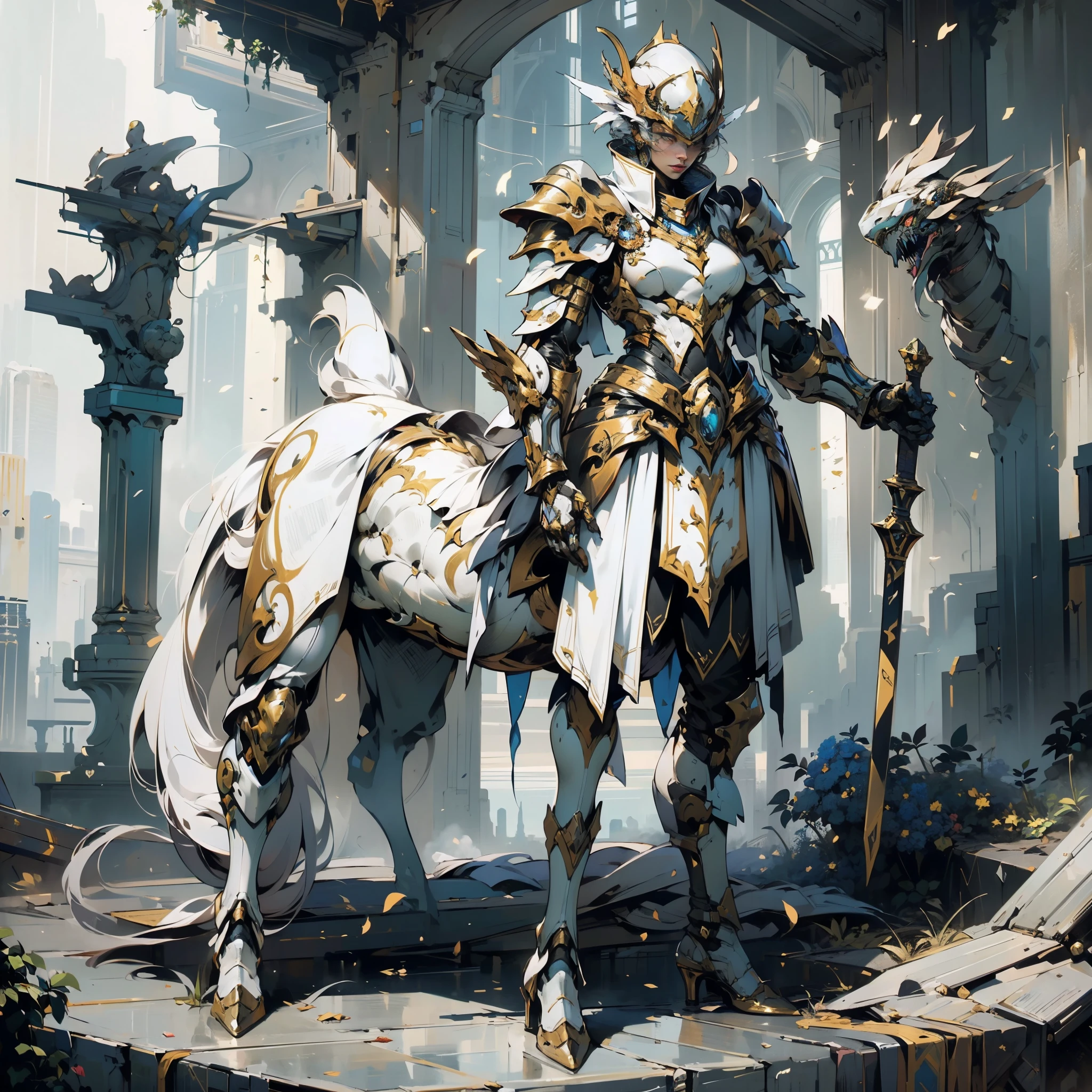 Woman wearing fantasy style full body armor, Crown concept fully enclosed helmet，Only her eyes are exposed, Layered chest plate, Fully enclosed shoulder and hand guards, Lightweight waist armor, Fitted shin pads, Overall design heavy-duty and flexible, (The armor shimmered with golden light, With red and blue accents), Show a noble aura, She floats above a fantasy and surreal high-tech city, This character embodies an elaborate anime style armored hero in a fantasy surreal style, Exquisite and mature comic art style, (A hybrid of Queen Bee and concept armor, plasma), ((element, elegant, goddess, woman:1.5)), metallic color, HD, best quality, high resolution, Super detailed, Ultra-fine coating, extremely refined, professional, anatomically correct, symmetrical face, Extremely detailed eyes and face, High quality eyes, creativity, original photo, 超HD, 32k, Natural light, movie lighting, masterpiece-anatomy-perfect, masterpiece:1.5