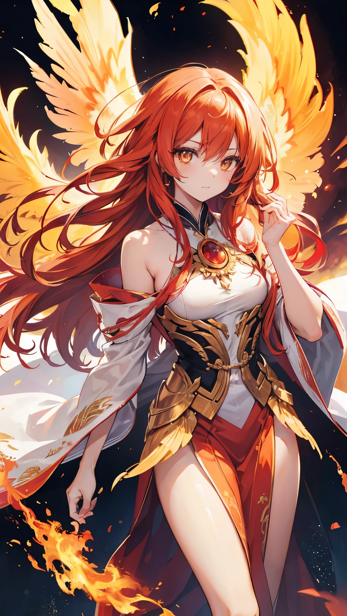 8k, best quality, (lifelike:1.4), original photo, 1 girl, Phoenix hair, fiery feathers, draped in ethereal robes, posture: rising from ashes with reborn grace, luminous golden eyes