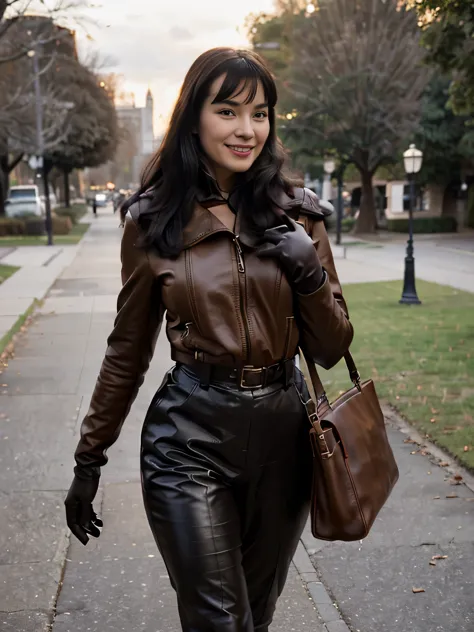 smiling Bettie Page  walking in the park. Close photo. Long black hair. Wearing maxy brown coat, ((brown leather gloves)), trousers and pulover. handbag over her shoulders,Winter. Perfect slim body anatomy. Photorealistic. Realistic colors. Realistic light...