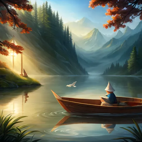 Little paper boat floating on a misty lake, on a cold morning, in the boat a  read a book. Magical environment, translucent high...