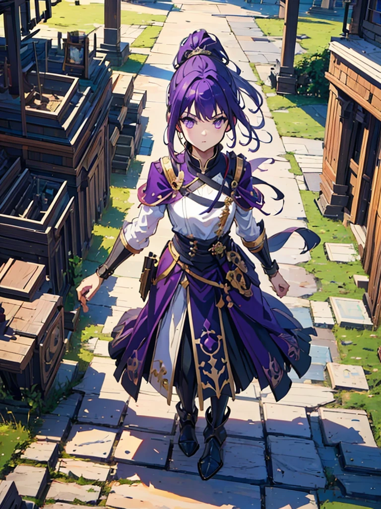 (masterpiece:1.2, highest quality),(Colored Background) (Beautiful detailed eyes: 1.2), (Highly detailed CG Unity 8K wallpaper, masterpiece, highest quality, Super detailed, best shadow), (detailed background) ,arms(gauntlet),solo ,purple hair,purple eyes,ponytail,1girl, sketch (Character design sheet, same character, full body, Three-View, front, ~ side, return), solo