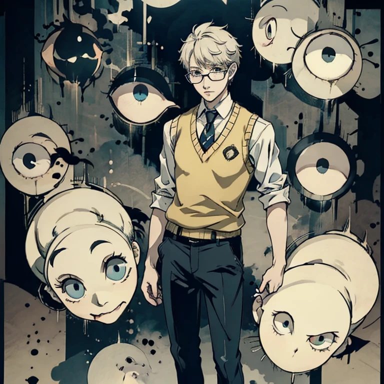 ((Human Male Young ager)) , white Messy hair , wearing  Glasses ,Tie , ((wearing sweater vest)) Tired eyes ,((solo )),Police officer ,((demons eyes background)) ,Full body, Shoes, Pants 