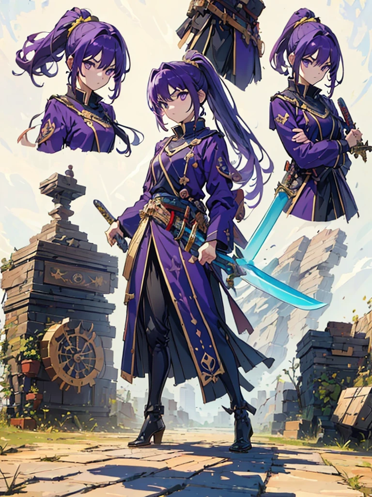 (masterpiece:1.2, highest quality),(Colored Background) (Beautiful detailed eyes: 1.2), (Highly detailed CG Unity 8K wallpaper, masterpiece, highest quality, Super detailed, best shadow), (detailed background) ,arms(have a sword),solo ,purple hair,purple eyes,ponytail,1girl, sketch (Character design sheet, same character, full body, Three-View, front, ~ side, return), solo