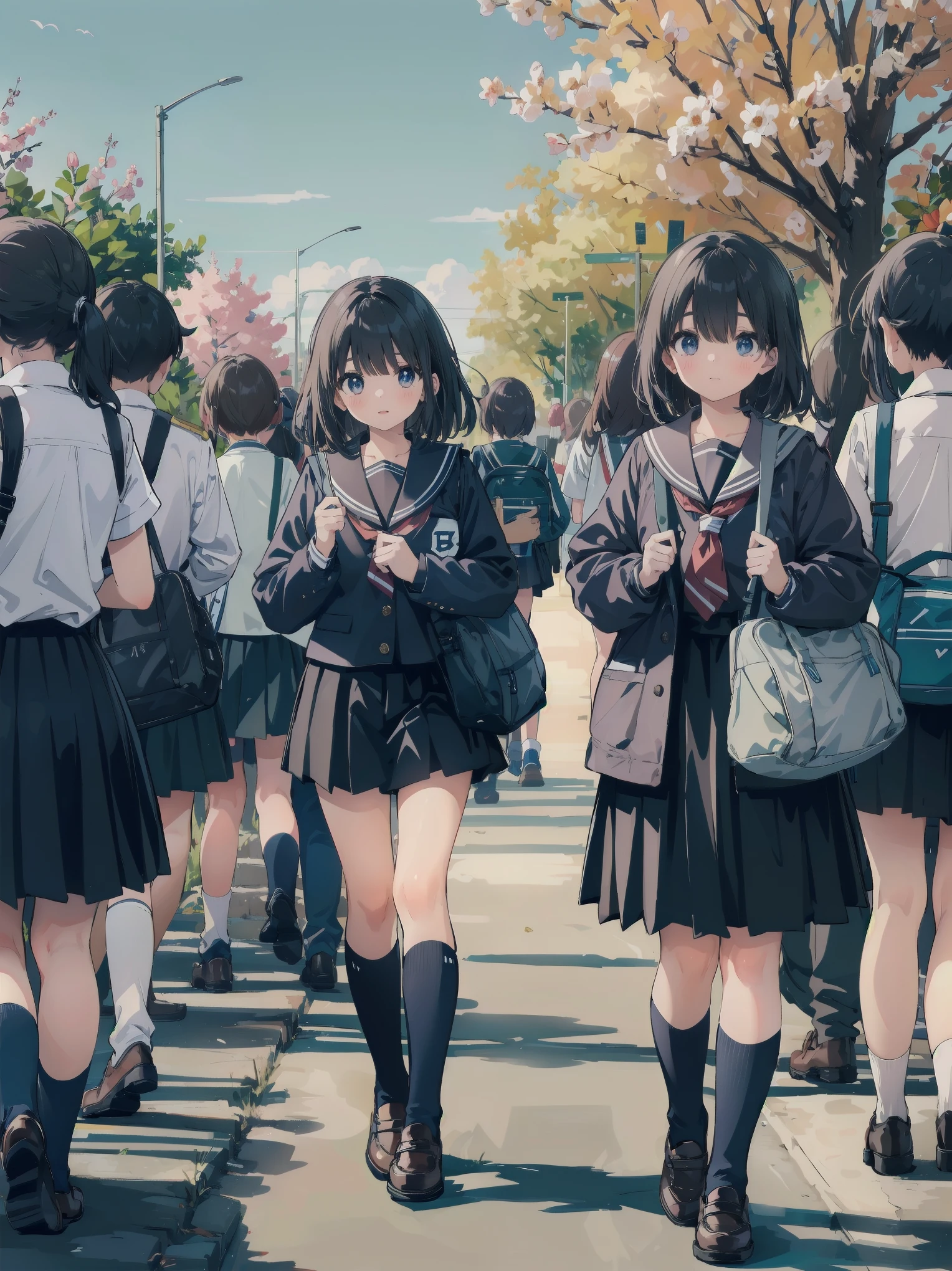 One girl, spring, high school, , warm colours, schoolbag, accurate and very detailed background, crowd of schoolgirls in uniform with various body shapes and hairstyles, cute.
