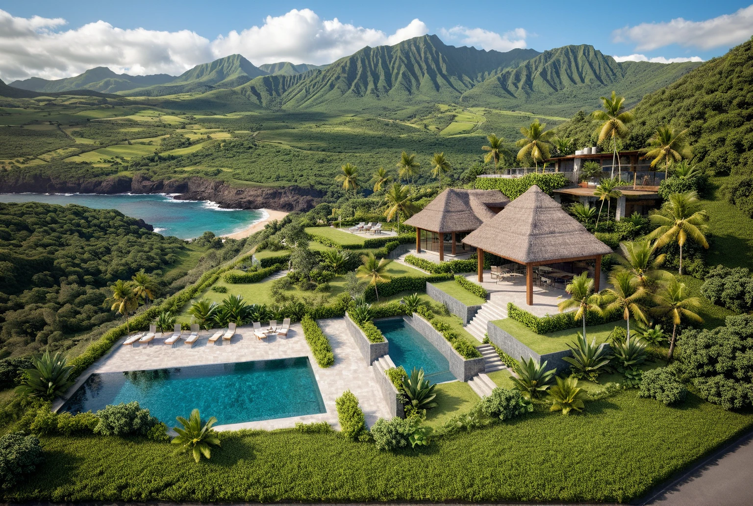 jzcgxl001, aerial view, A bungalow, Island resort close to the beach, Hawaii, (complete landscape layout),straw roof, surrounded by ecological natural environment, overall peaceful atmosphere
cinematic photo, (resort planning style), hyperrealistic artï¼professional, 8k, highly detailed ï¼, (architectural design visualization), (reflection), (focus on object), (material normal bump real reflection), (scattered light), (hidden light) (light ray), (multi-beam light), (sunbeam) (multi-level reflection), (day sky background), (corona software visualization render:1.2),(((Best Quality))), ((Masterpiece)), ((best illustration)), ((best shadows)), ((Super Detail)), (Intricate lines), (Photorealism),(hyper detail), ((archdaily)), ((award winning design)), (dynamic light), ((day)), (perfect light), (shimering light), ((photorealistic)), ((intricate detail)), ((extreme detail)), ((science)), ((hyper-detail)), ((super detail)), ((super realistic)), ((crazy detail)), ((octane render)), ((Cinematic)), ((trending on artstation)), ((High-fidelity)), ((Viwvid)), ((Crisp)), ((Bright)), ((Stunning)), ((Eye-catching)), ((High-quality)),((Sharp))((Bright)), ((Stunning)), Natural, ((Eye-catching)), ((Illuminating)), ((Flawless)), ((High-quality)),((Sharp edge render)), ((medium soft lighting)), ((photographic render)), ((detailed archviz))