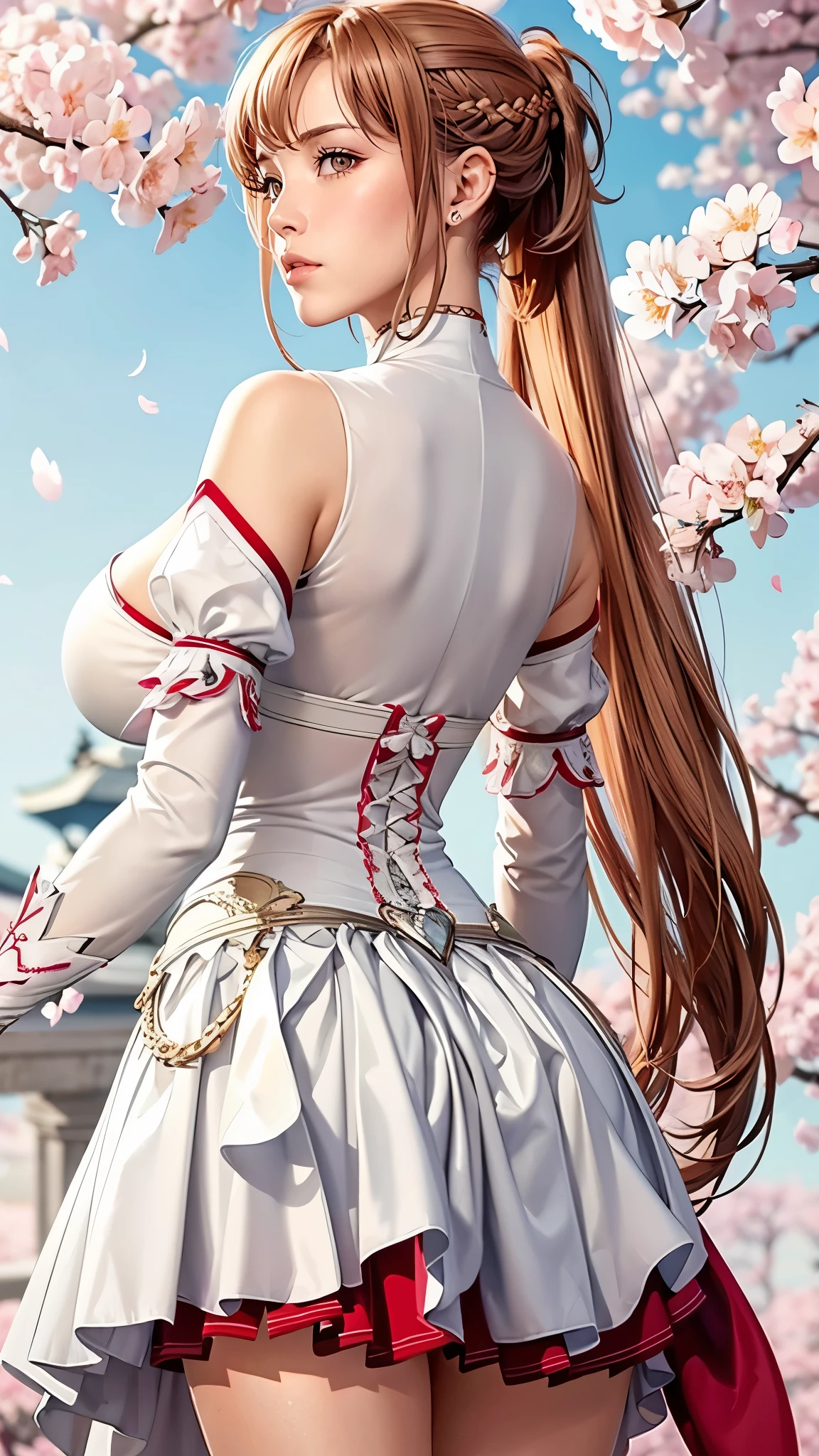 （（（Perfect figure，figure，bare shoulders, armor, breastplate, white sleeves, detached sleeves, red skirt, pleated skirt,white thighhighs, （（（aaasuna, long hair, brown hair, braid, brown eyes, ）））((masterpiece)),high resolution, ((Best quality at best))，masterpiece，quality，Best quality，（（（ Exquisite facial features，looking at the audience,There is light in the eyes，(Blushing and shyness)，））），型figure:1.7））），（（（Interlacing of light and shadow，huge boobs））），（（（looking into camera，Cherry Blossom Background，flowers，pink background，Cherry Blossoms，look back，from behind)）））