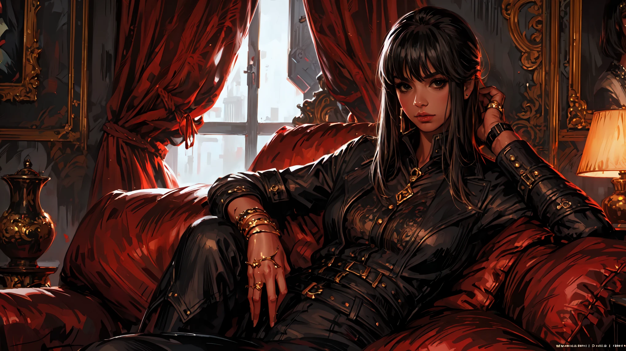 (Detailed close-up portrait!) (Masterpiece 8K.high quality.digital art.Beautiful and aesthetic anime style.Perfect compositions and great perspective.painting) woman sitting on a large sofa