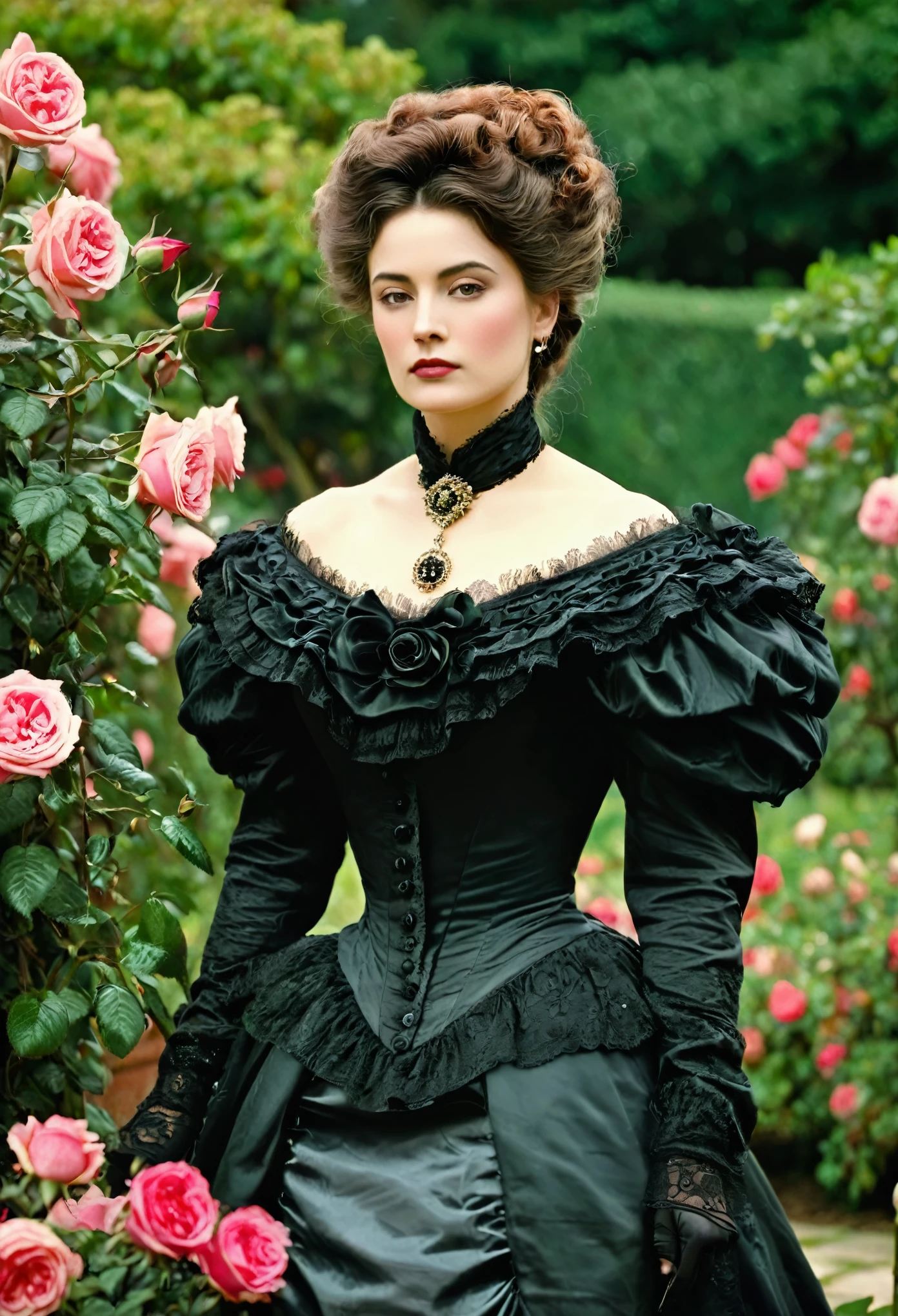 (( retrato de mujer)), ( Estilo de moda victoriana), Jardín de rosas, CLÁSICO, fila podrida, estilo ingles, Nobleman, eleganteismo,escena de opulencia --c 22 --ar 27:40 --s 999 --v 6.0