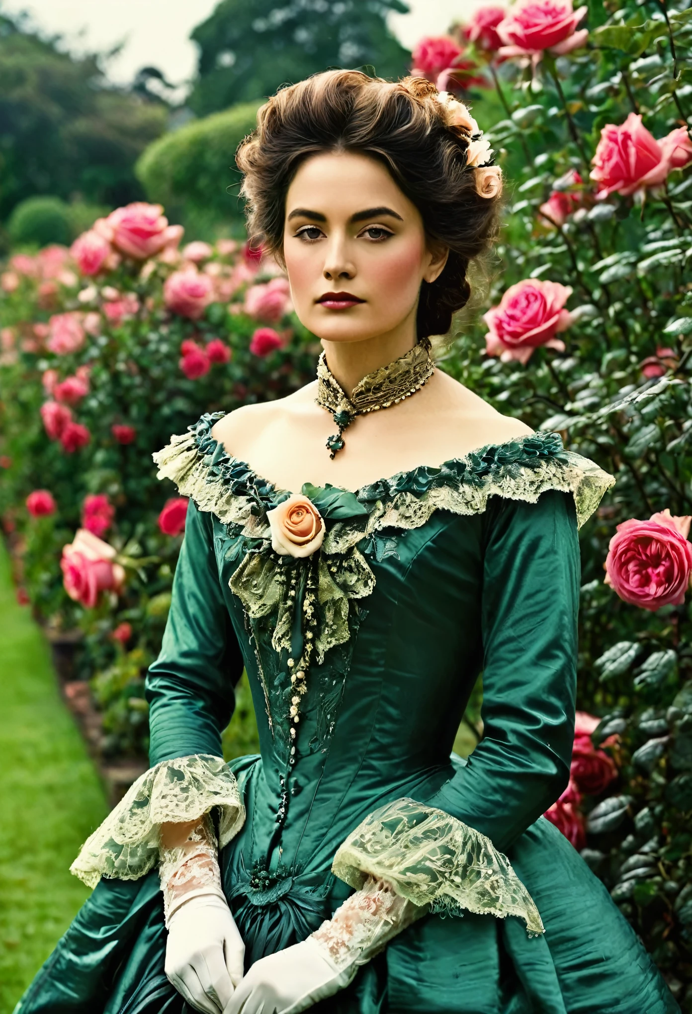 (( Woman Portrait)), ( Victorian Fashion Style), Rose Garden, Classic, Rotten Row, English Style, Nobleman, Elegantism,scene of opulence --c 22 --ar 27:40 --s 999 --v 6.0