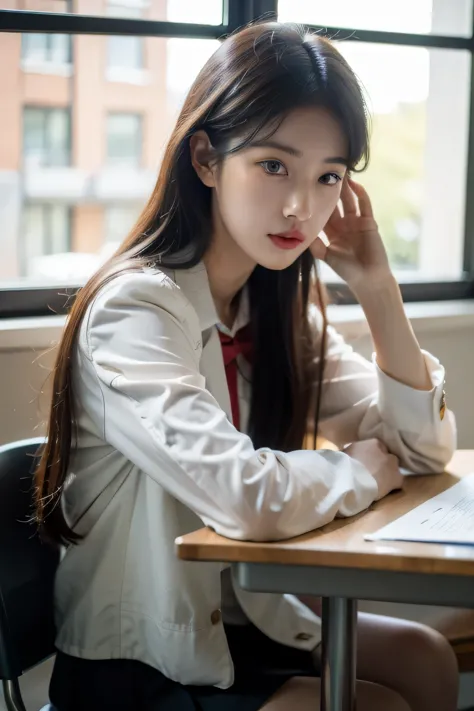 ((best quality)), ((masterpiece)), (detailed), perfect face, high school student, sitting at a desk, school