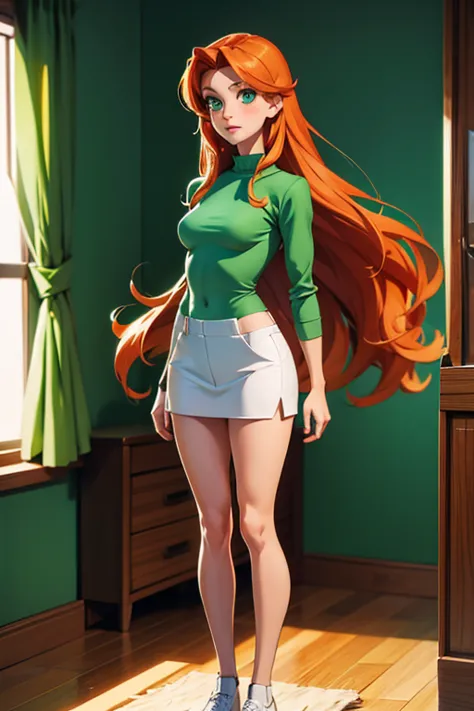 (masterpiece, best quality), full body portrait sam \(totally spies\), orange hair, long hair, green eyes, break ((half naked)),...