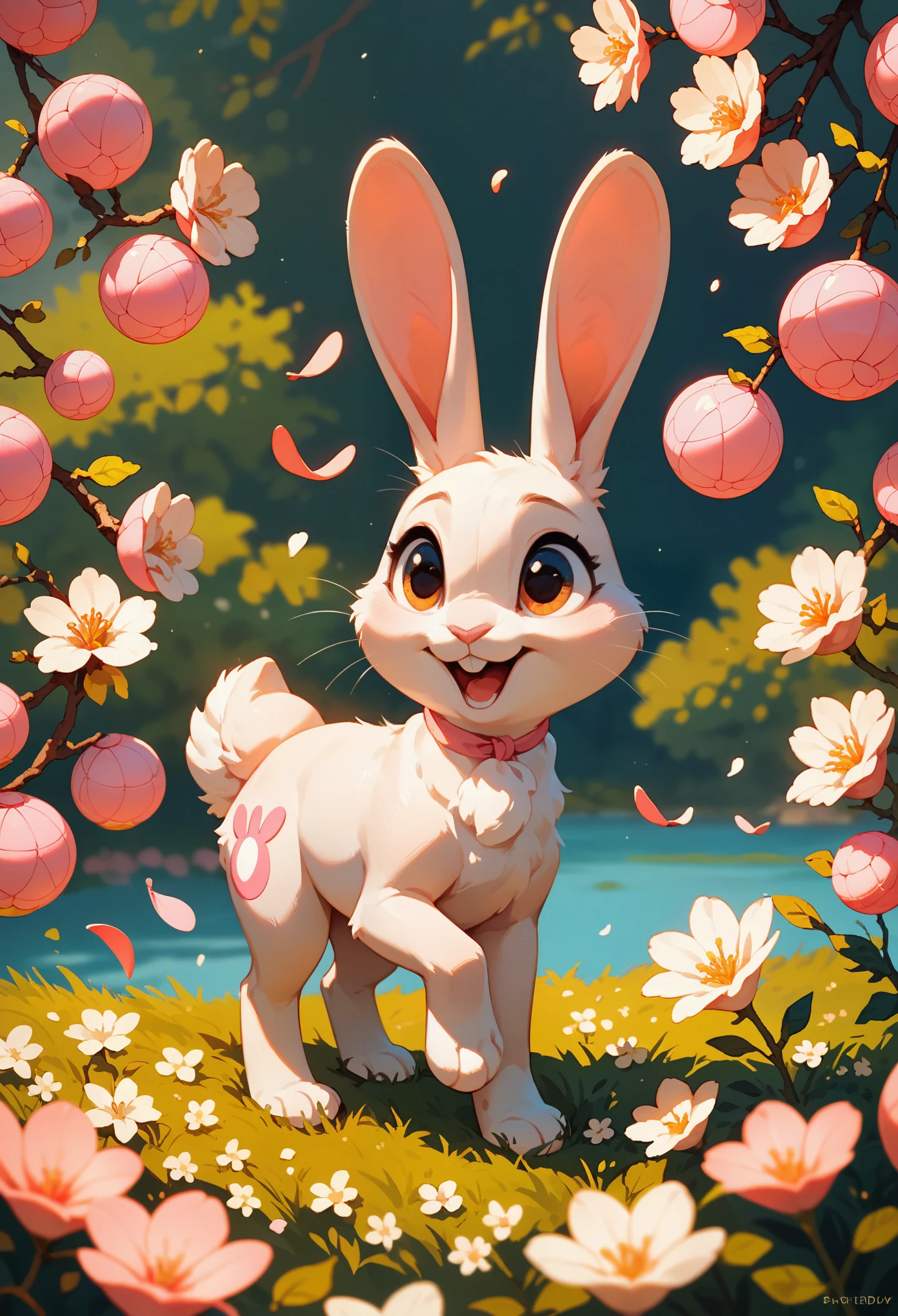 score_9, score_8_up, score_7_up, an adorable bunny, ambient spring, white and pink tetradic colors