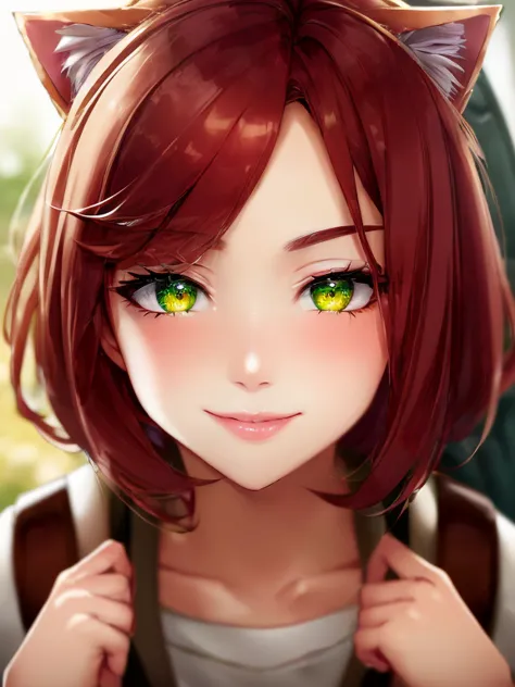 green eyes, annie, 1 girl, red hair, smile with teeth, 8k, detailed, masterpiece, close up, green pupil, brown leather backpack,...