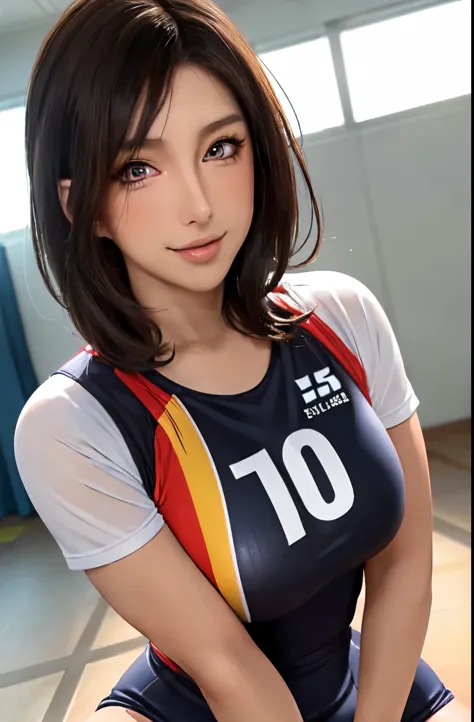 1 Lady Solo, /(volleyball uniform/), /(dark brown hair/) bangs, A light smile with blushing cheeks, (Masterpiece of the highest ...