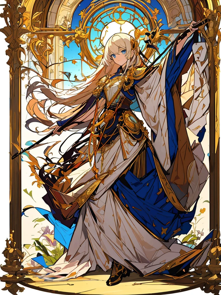 (masterpiece:1.2, highest quality),(Colored Background) (Beautiful detailed eyes: 1.2), (Highly detailed CG Unity 8K wallpaper, masterpiece, highest quality, Super detailed, best shadow), (detailed background) ,arms(With a long cane),solo ,golden hair,blue eyes,1girl, sketch (Character design sheet, same character, full body, Three-View, front, ~ side, return), solo