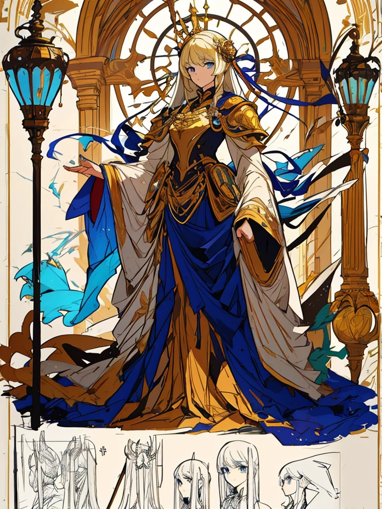 (masterpiece:1.2, highest quality),(Colored Background) (Beautiful detailed eyes: 1.2), (Highly detailed CG Unity 8K wallpaper, masterpiece, highest quality, Super detailed, best shadow), (detailed background) ,arms(With a long cane),solo ,golden hair,blue eyes,1girl, sketch (Character design sheet, same character, full body, Three-View, front, ~ side, return), solo