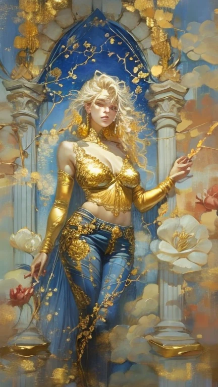 beautiful, gold leaf art, painting,  full body of beautiful women, stand in front of viewer, She is dressed in blue jeans and a gold bra, she has golden hair and eyes, impeccable brushwork,rich and vibrant colors,golden accents in the background,delicate and intricate patterns,captivating and mesmerizing composition,exquisite attention to detail,stunning and breathtaking masterpiece,realistic, cloud, 