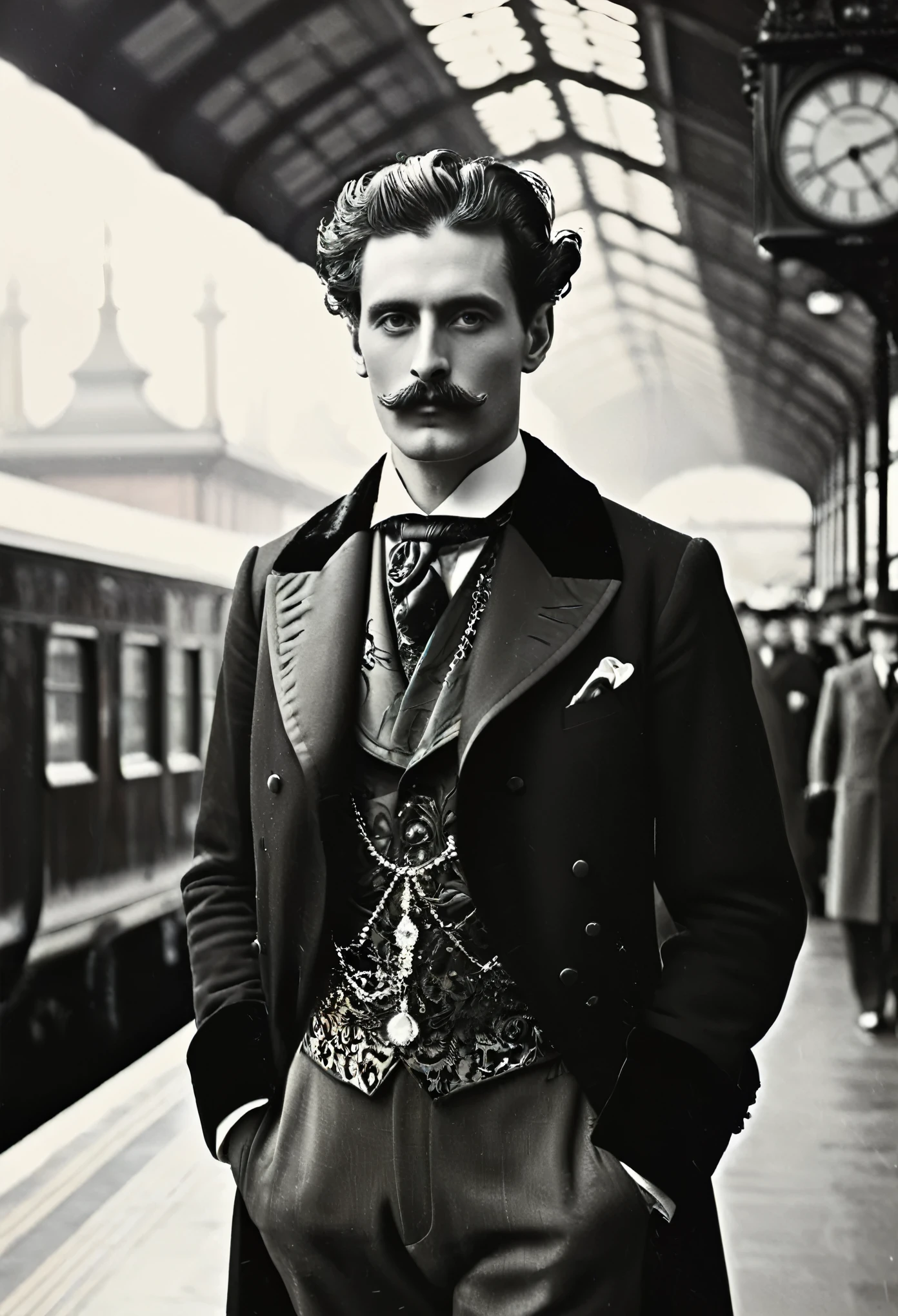 ((Man Portrait)), ( Victorian Fashion Style), ( Crystal Palace), ((Train Station)), British Style, Nobleman, Elegantism,scene of opulence --c 22 --ar 27:40 --s 999 --v 6.0